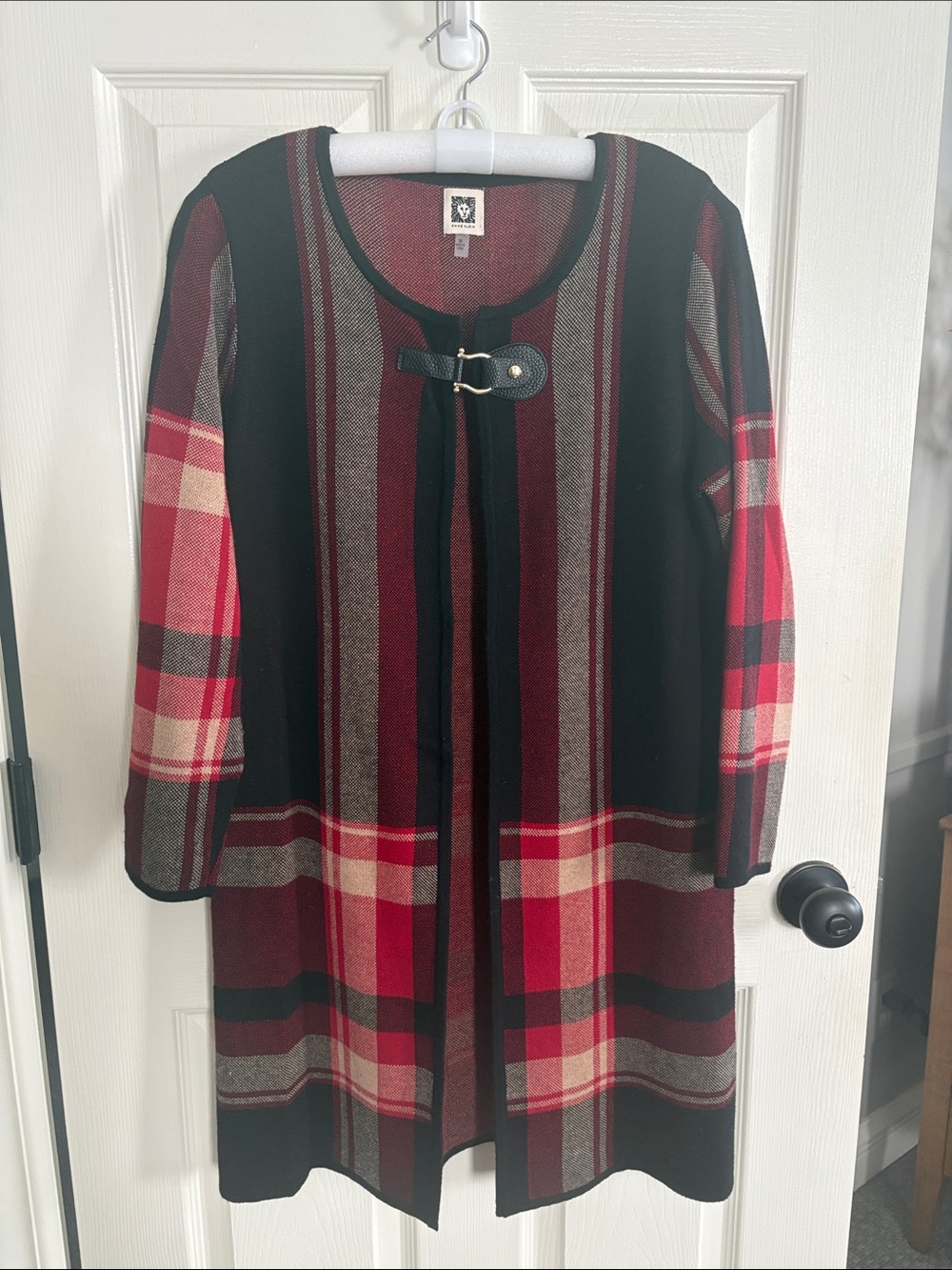 Anne Klein Red and Black Plaid Buckle-Front Long Cardigan